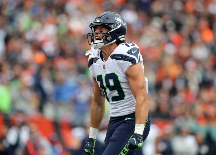 Seattle Seahawks wide receiver Jake Bobo (19) celebrates after his long catch and run during the third quarter against the Cincinnati Bengals at Paycor Stadium.